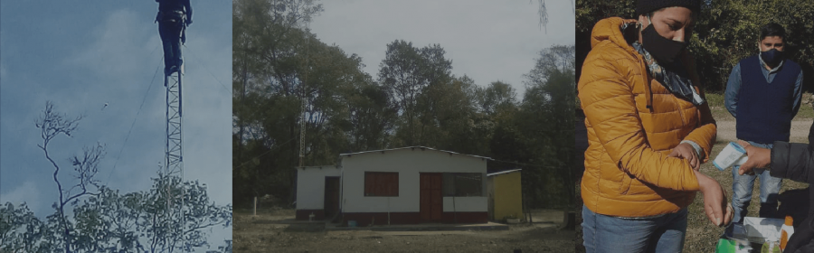 Técnico colocando antena de Internet en el paraje La Junta. Control de Temperatura al ingreso al territorio. Imágenes de la página de Facebook Comunidad Indígena del Pueblo Kolla Tinkunaku CIPKT